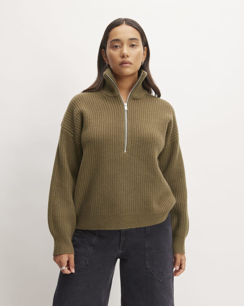 The Half-Zip Sweater in Luxe Merino in Beech — front view