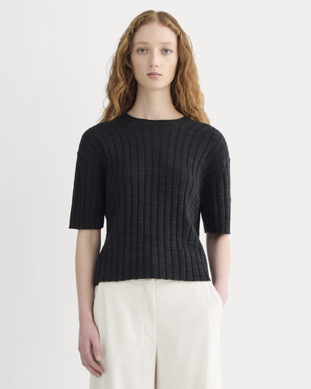The Oversized Tee in Cotton Linen in Black — front view