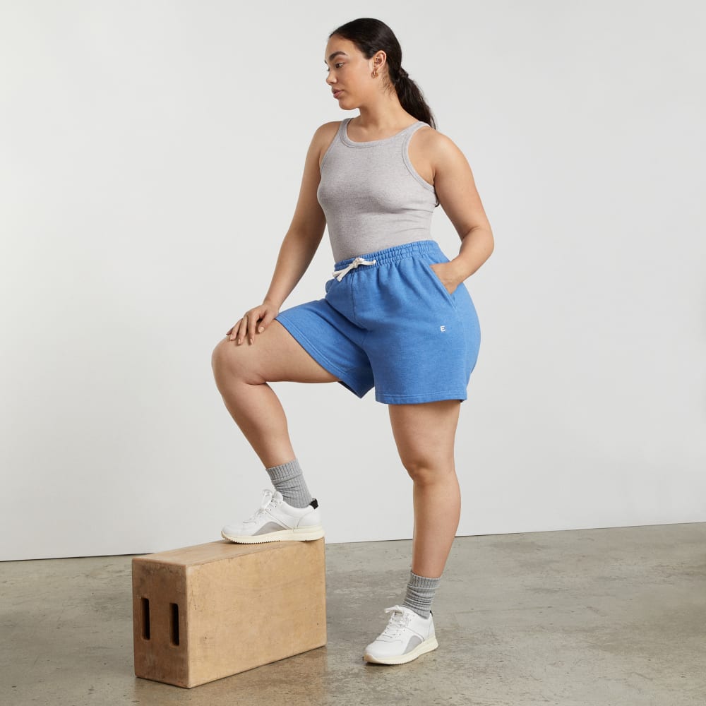 The Track Long Sweatshort in Heathered Denim — detail view