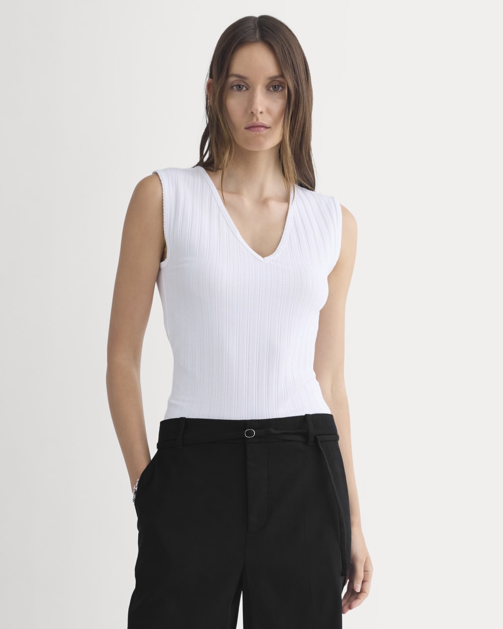 V-Neck Tank in Pointelle in White — front view