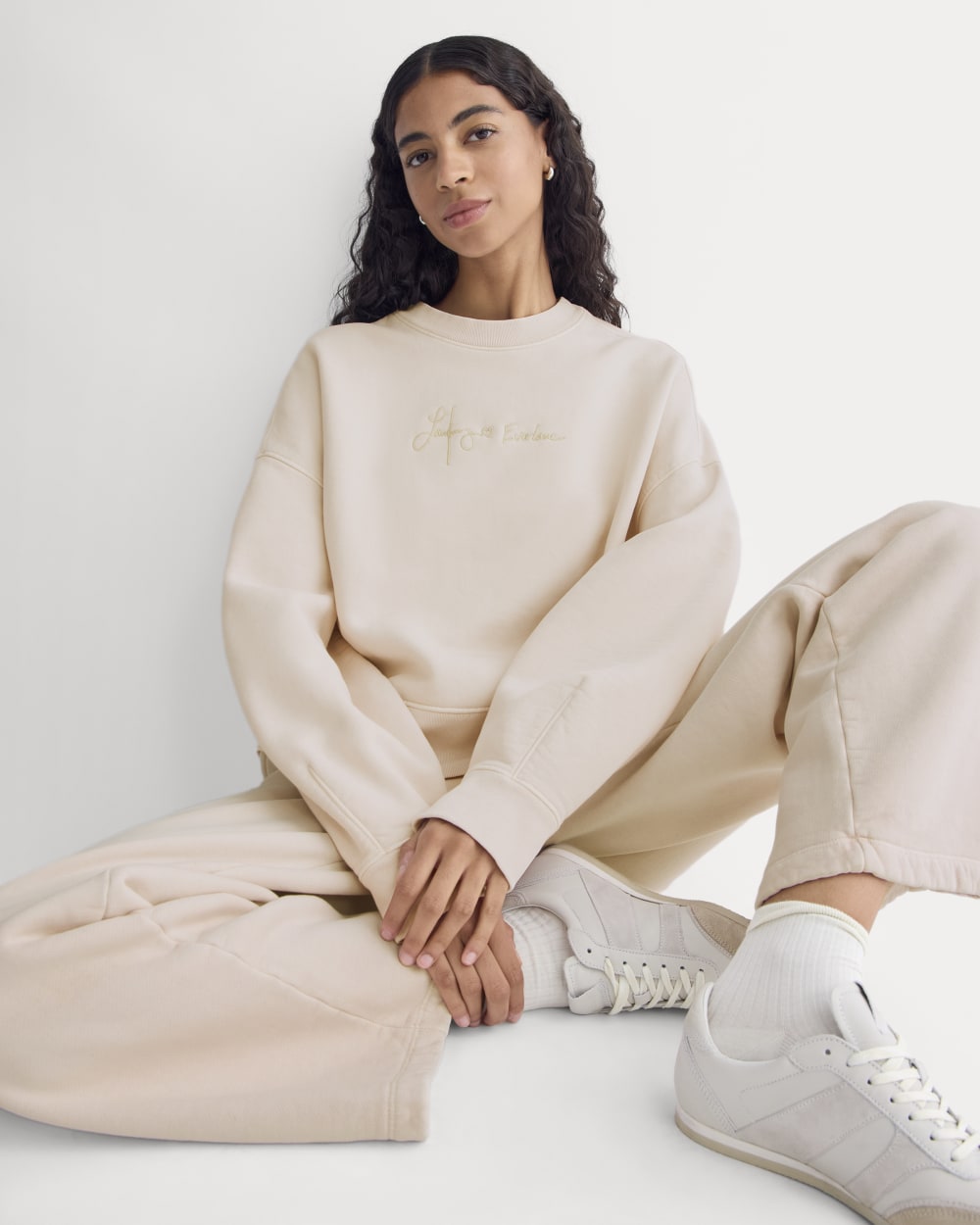 Everlane x The Laufey Foundation Cropped Sweatshirt in Pale Peony — detail view
