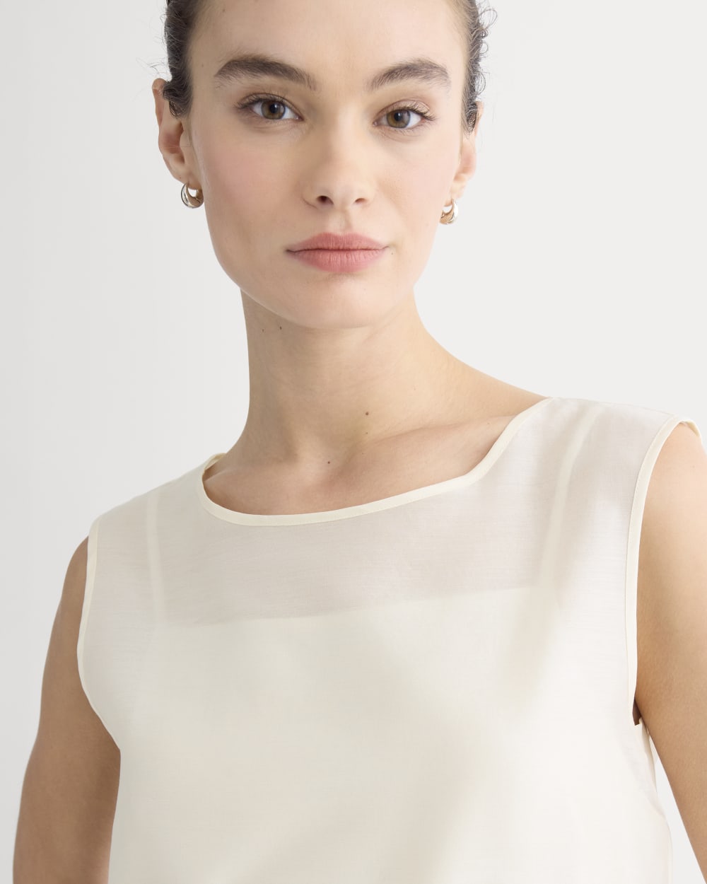 Sleeveless Top in Cotton-Silk Organza in Parchment — detail view