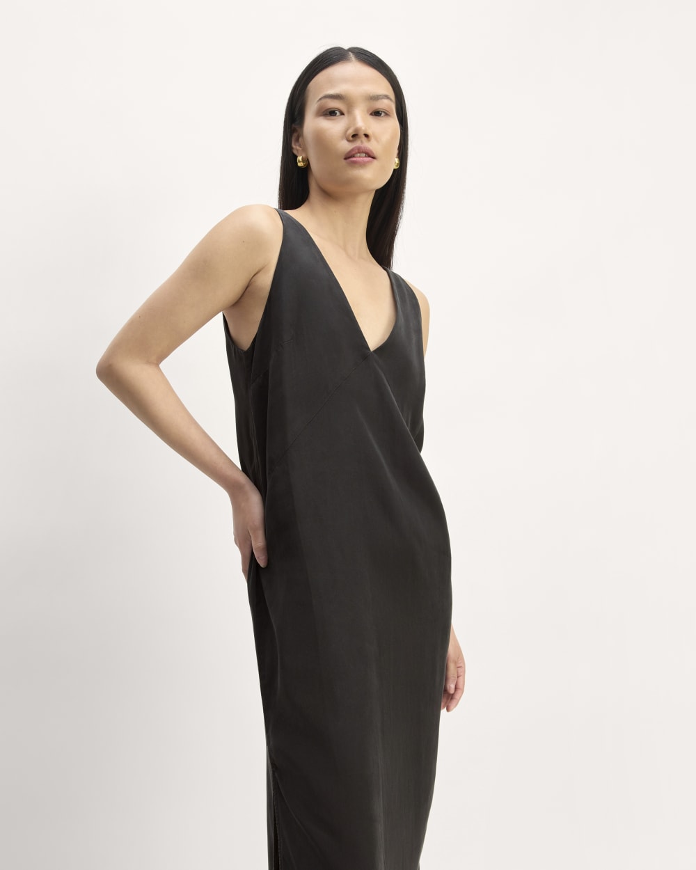 The TENCEL™ Midi Slip Dress in Black — detail view