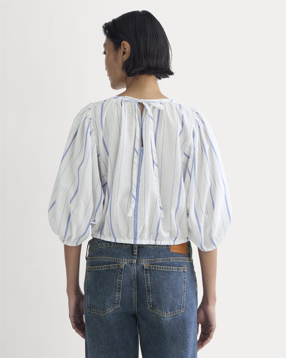 The Gauze Puff-Sleeve Top in Bone / Dutch Blue — detail view