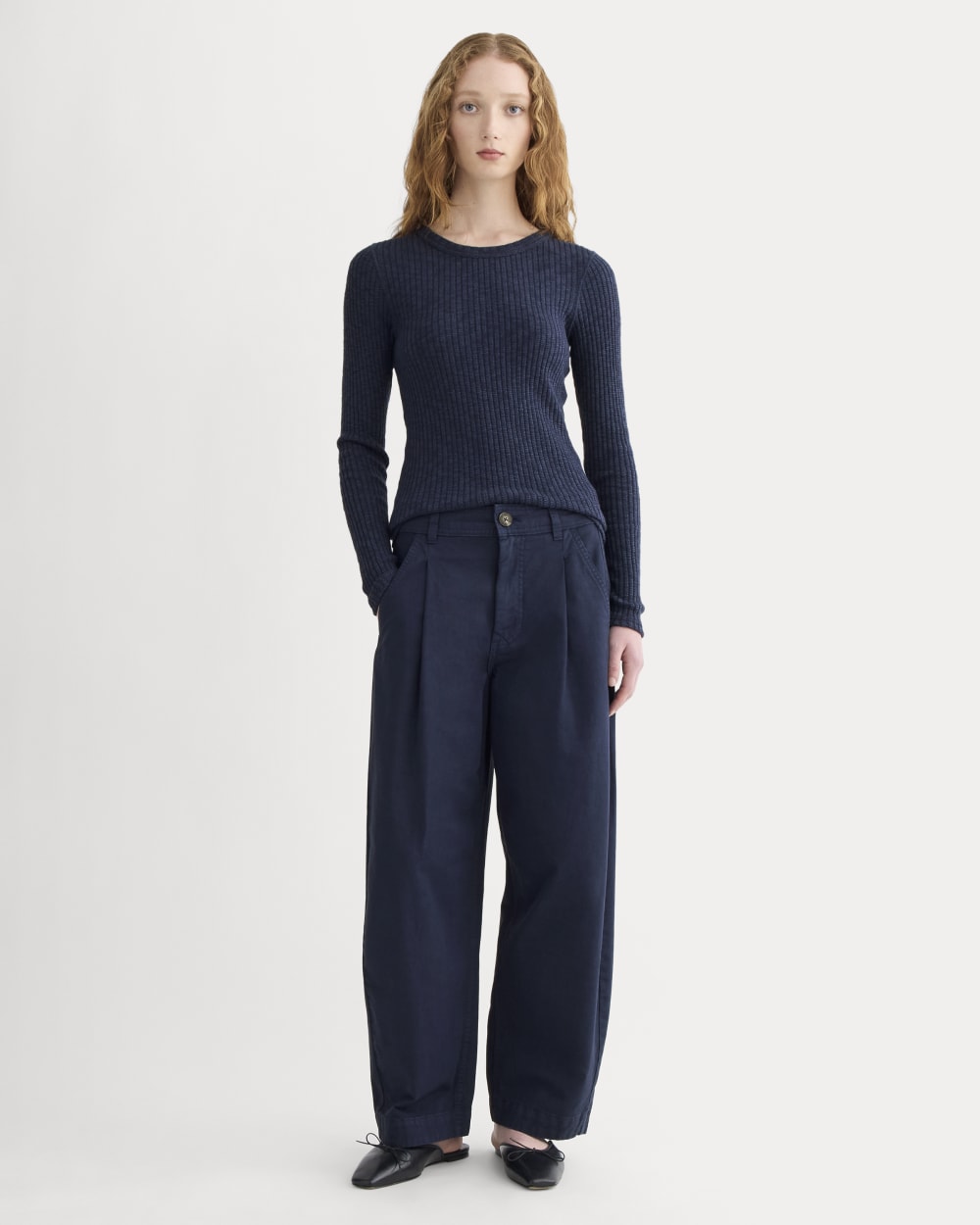 The Cozy Rib Long-Sleeve Tee in Navy — detail view