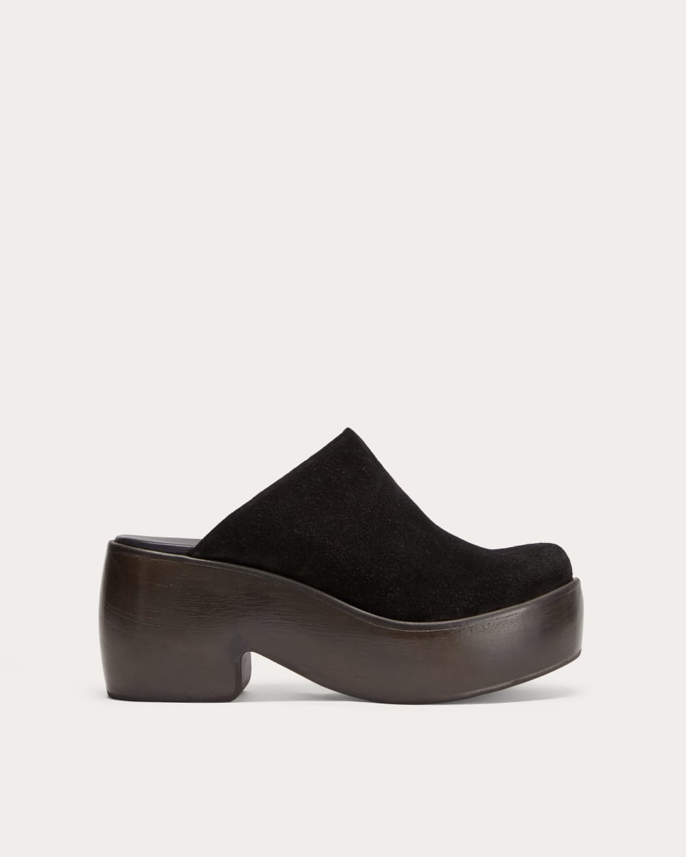 The Wooden Puffa Clog in Black Suede — front view