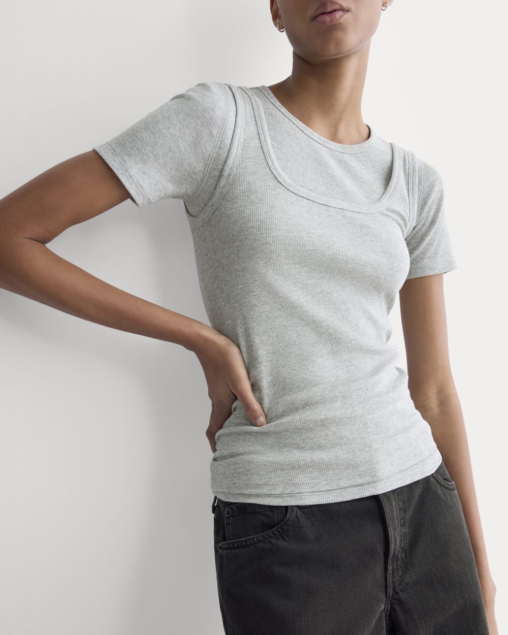 The Luxe Rib Square-Neck Tank in Classic Heather Grey — detail view