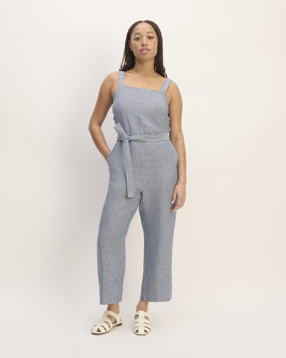 The Linen Side-Button Jumpsuit in White / Blue — front view