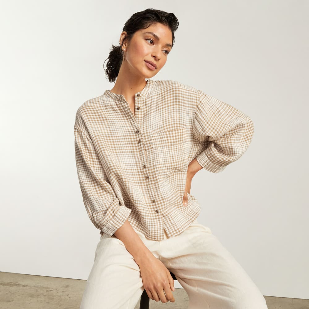 The Linen Billow Blouse in Iced Coffee Grid — detail view
