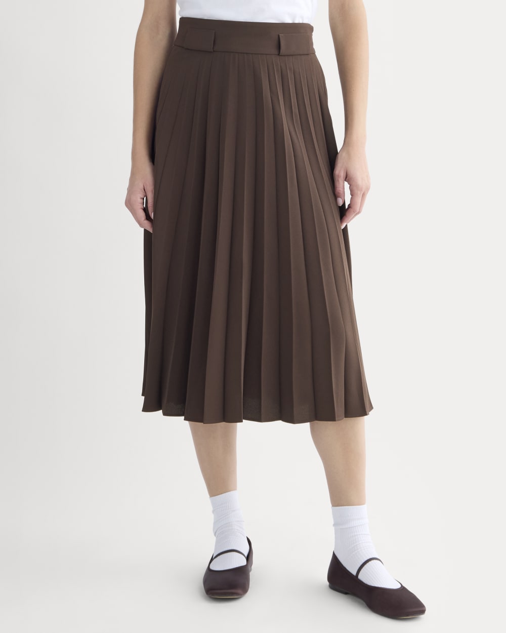 Pleated Crepe Midi Skirt in Dark Chocolate — detail view