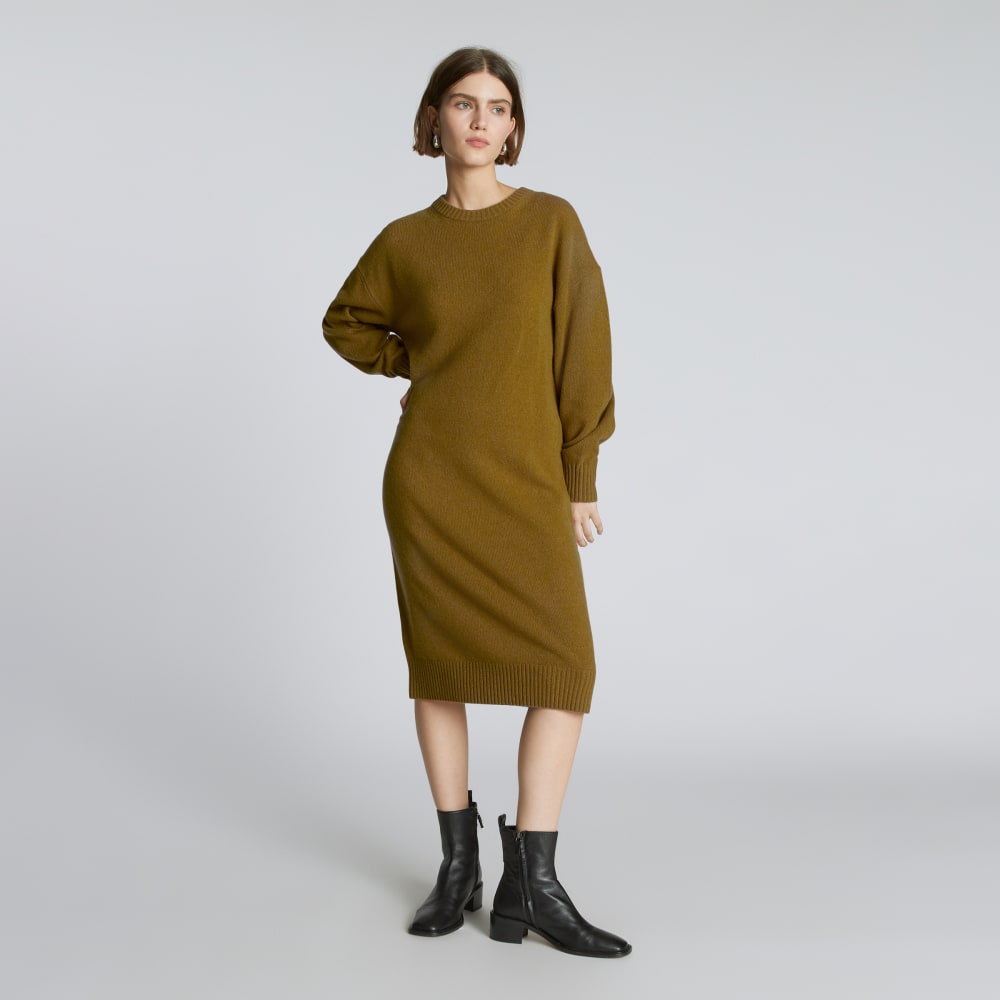 The Cashmere Midi Dress in Tapenade — front view