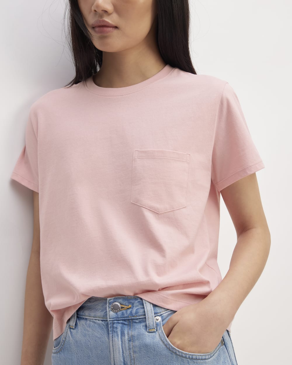 The Box-Cut Tee in Essential Cotton in Rose Pink — detail view