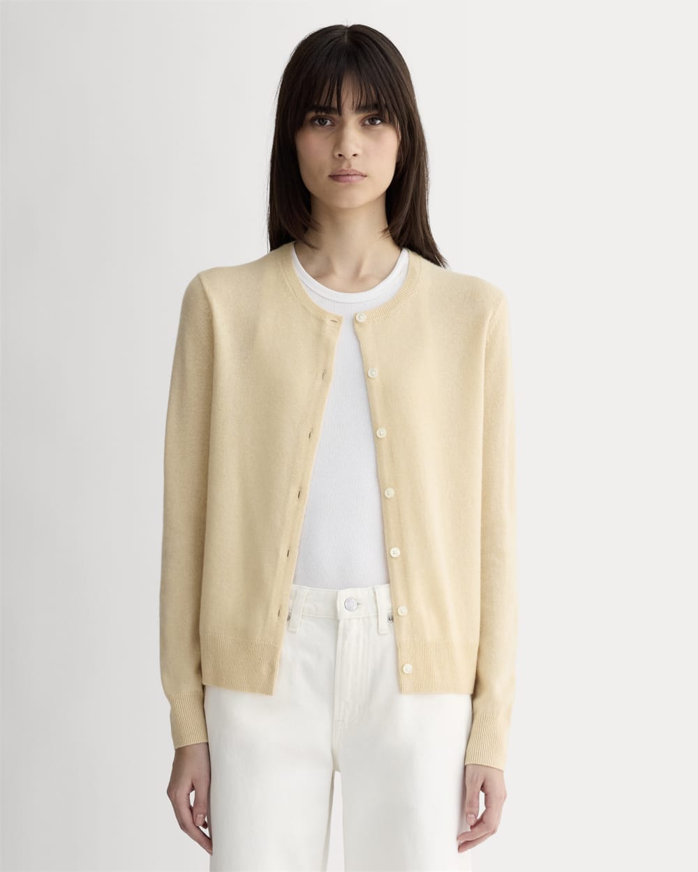 The Classic Cardigan in Cashmere in Creme — front view