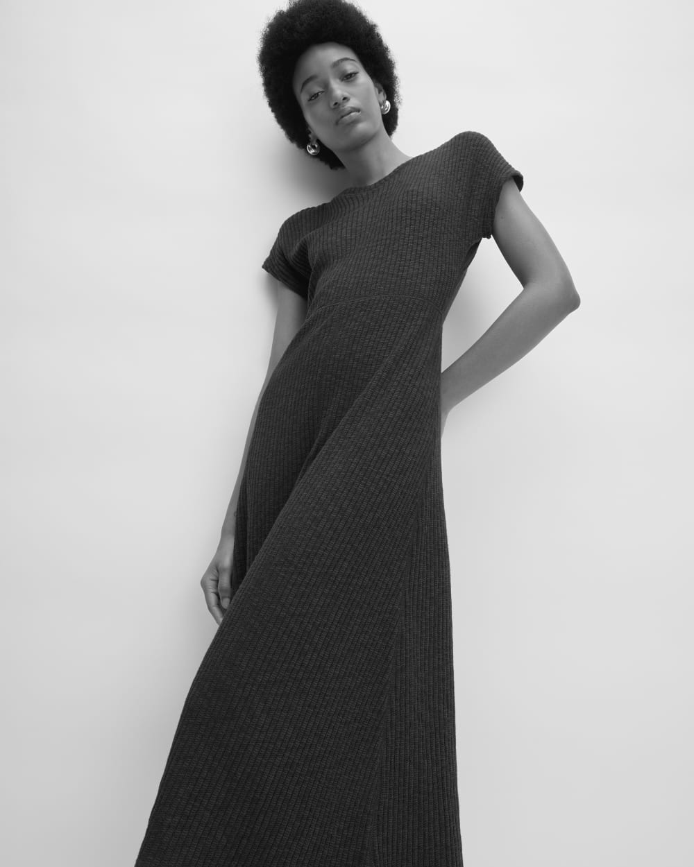 The Rib-Knit Cap-Sleeve Midi Dress in Black — detail view