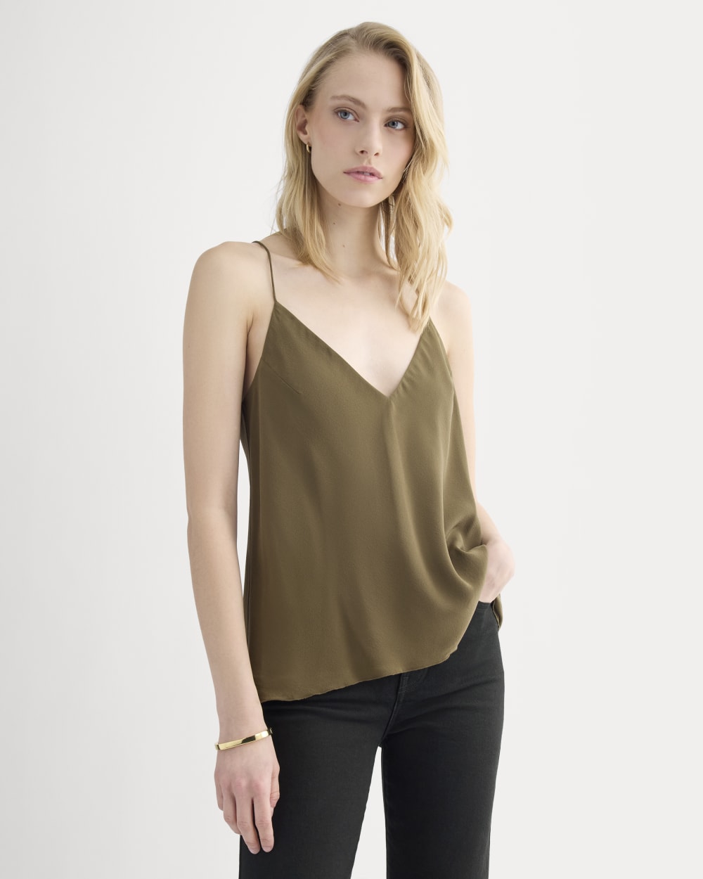 The Tie Back Cami in Washable Silk in Beech — front view