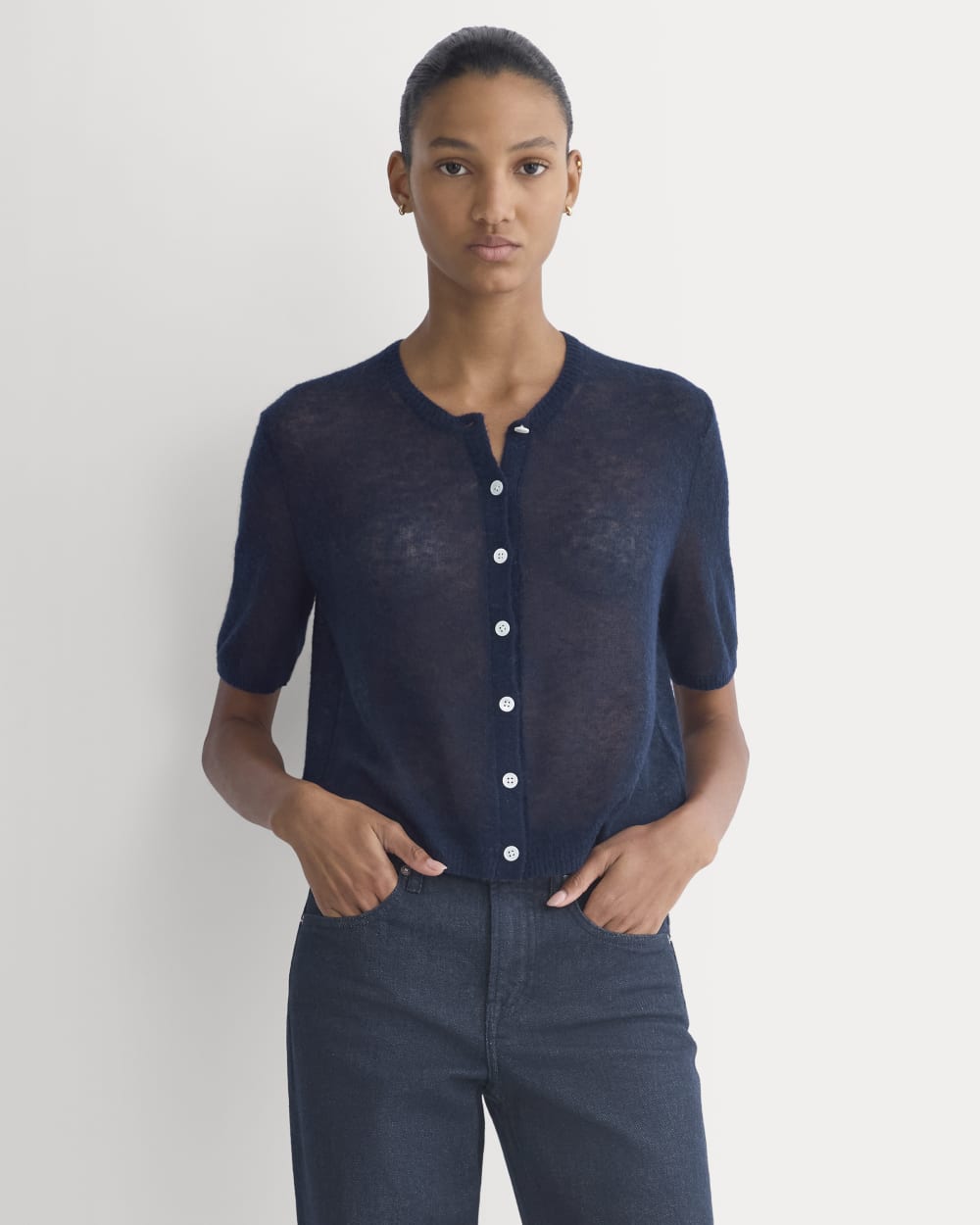 The Air Alpaca™ Short-Sleeve Cardigan in Navy — front view
