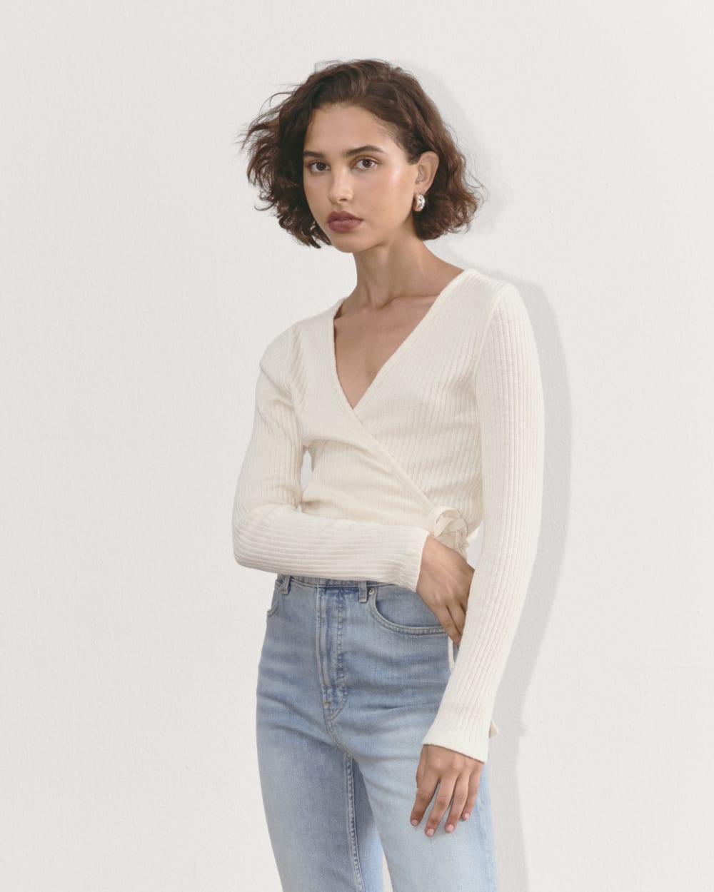 The Cozy Rib Wrap Top in Bone — front view
