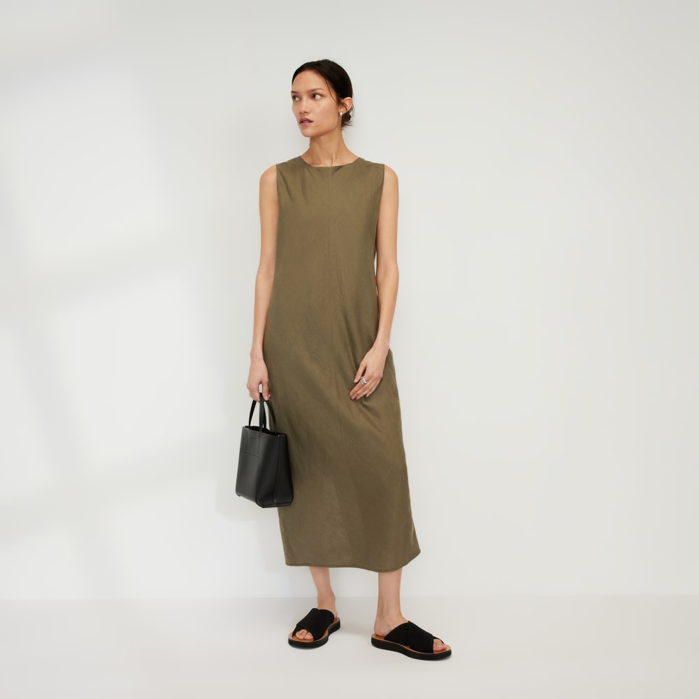 The Linen Bias Cut Dress in Kalamata — front view