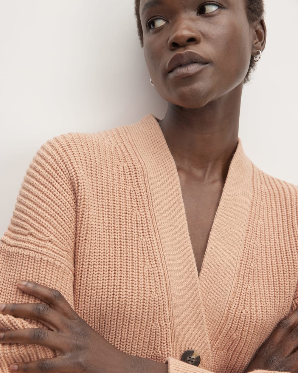 The Boxy Cardigan in Everyday Cotton in Blush Pink — detail view