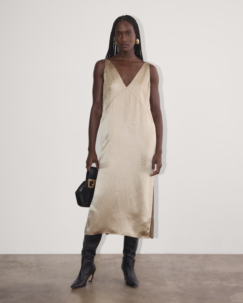The Satin Slip Dress in Champagne — front view