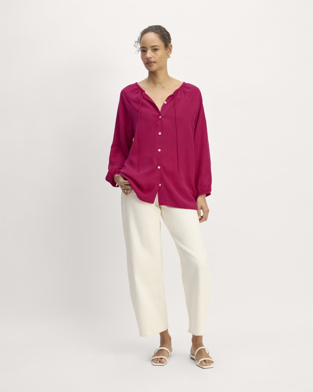 The Gathered Shirt in Butterlite in Red Currant — detail view