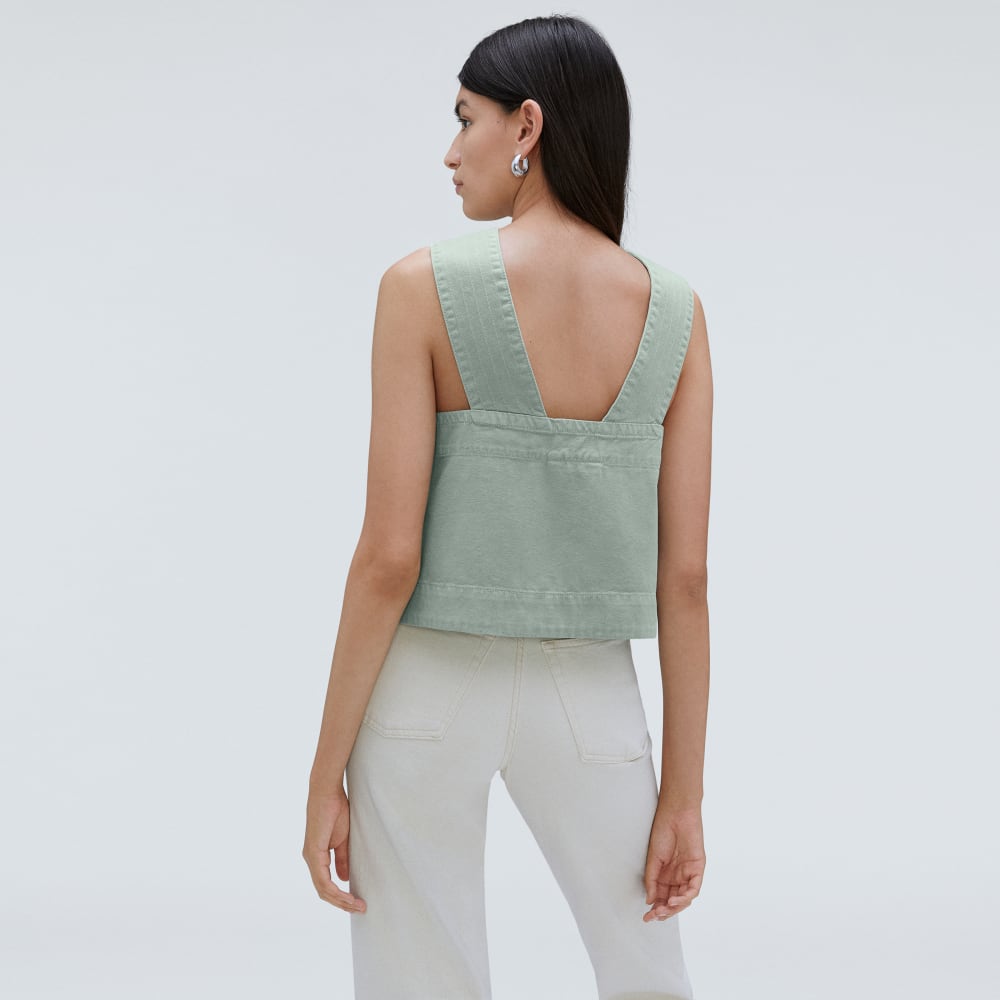 The Cross-Front Apron Top in Sea Glass — detail view