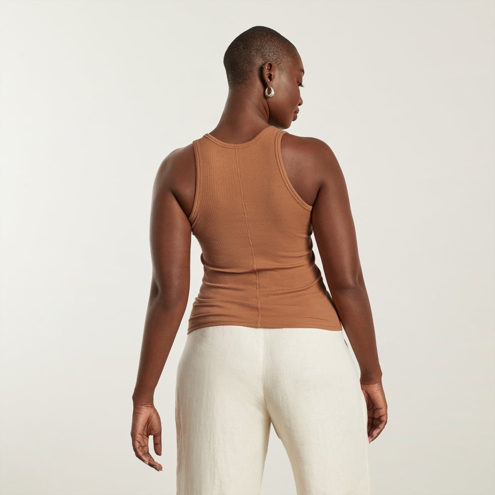 The Pima Micro-Rib U-neck Tank in Tawny Brown — detail view