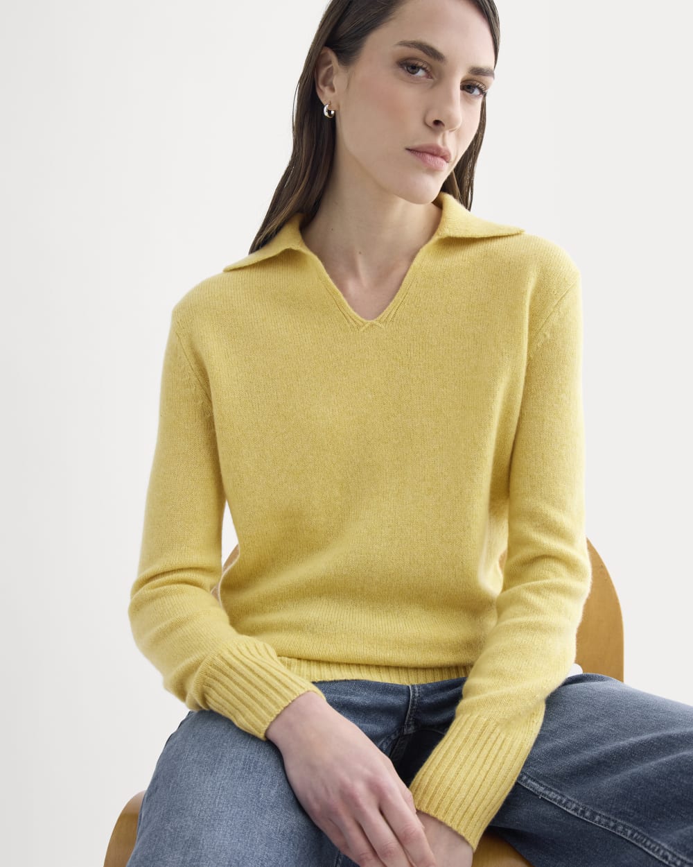 Cashmere Polo Sweater in Double Cream Heather — front view