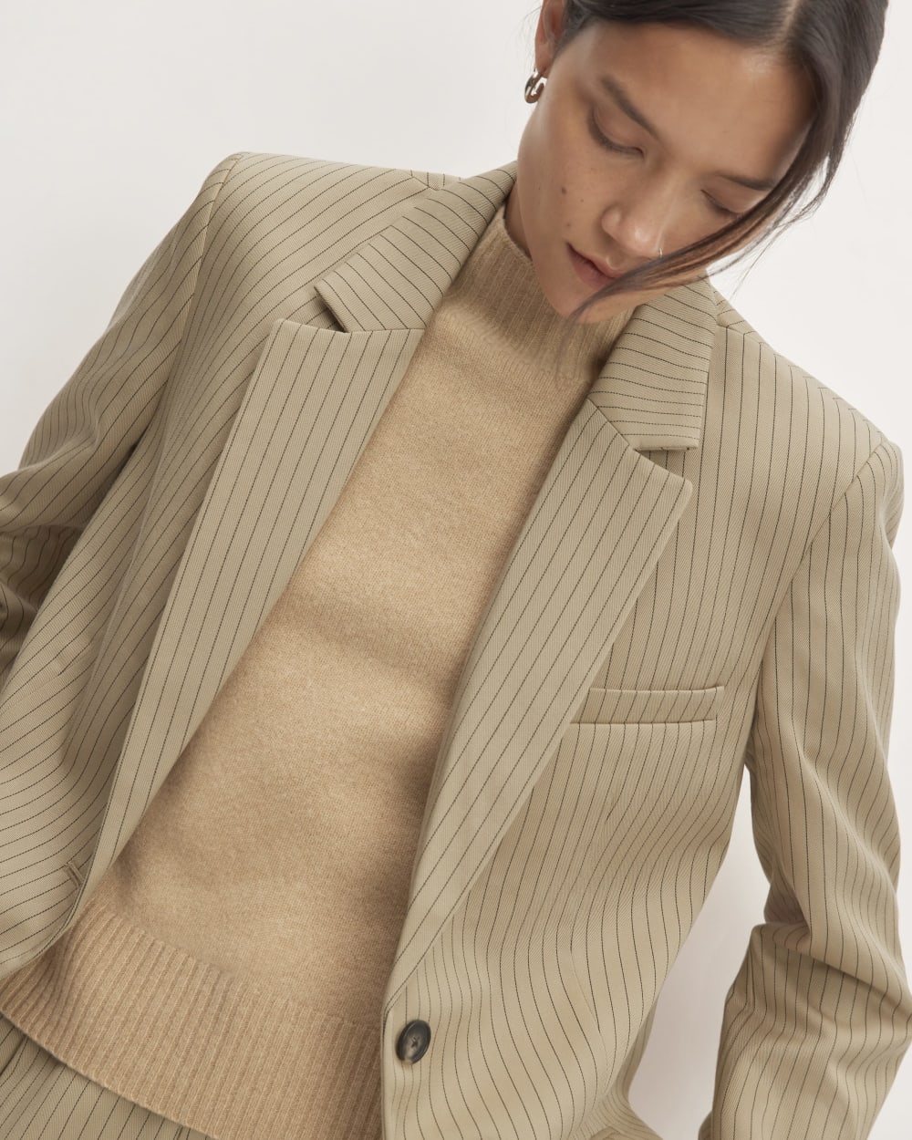 The Oversized Blazer in Buttersmooth in Cornstalk / Black — detail view