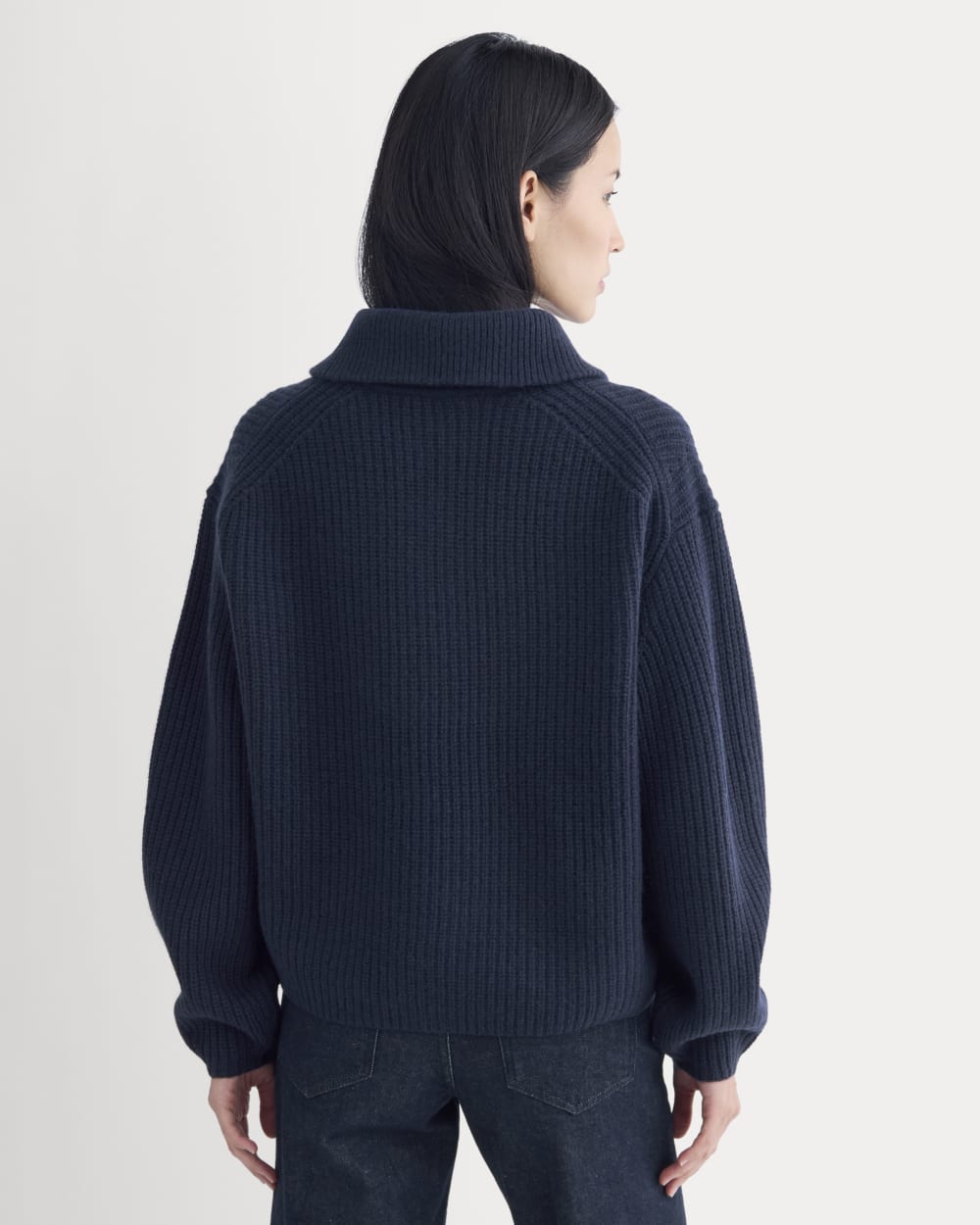 The Half-Zip Sweater in Luxe Merino in Navy — detail view