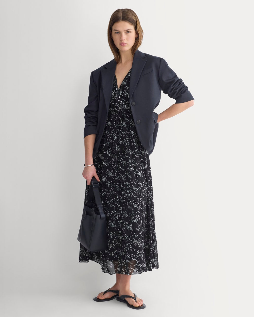 Maxi Dress in Silk Georgette in Floral/Black — detail view