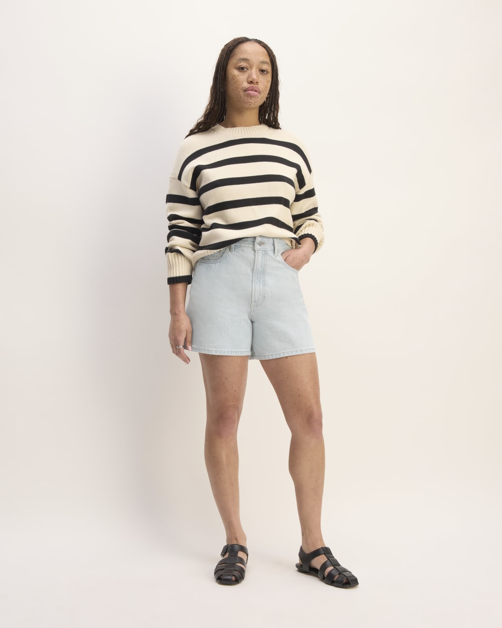 The A-Line Denim Short in Spring Blue — front view