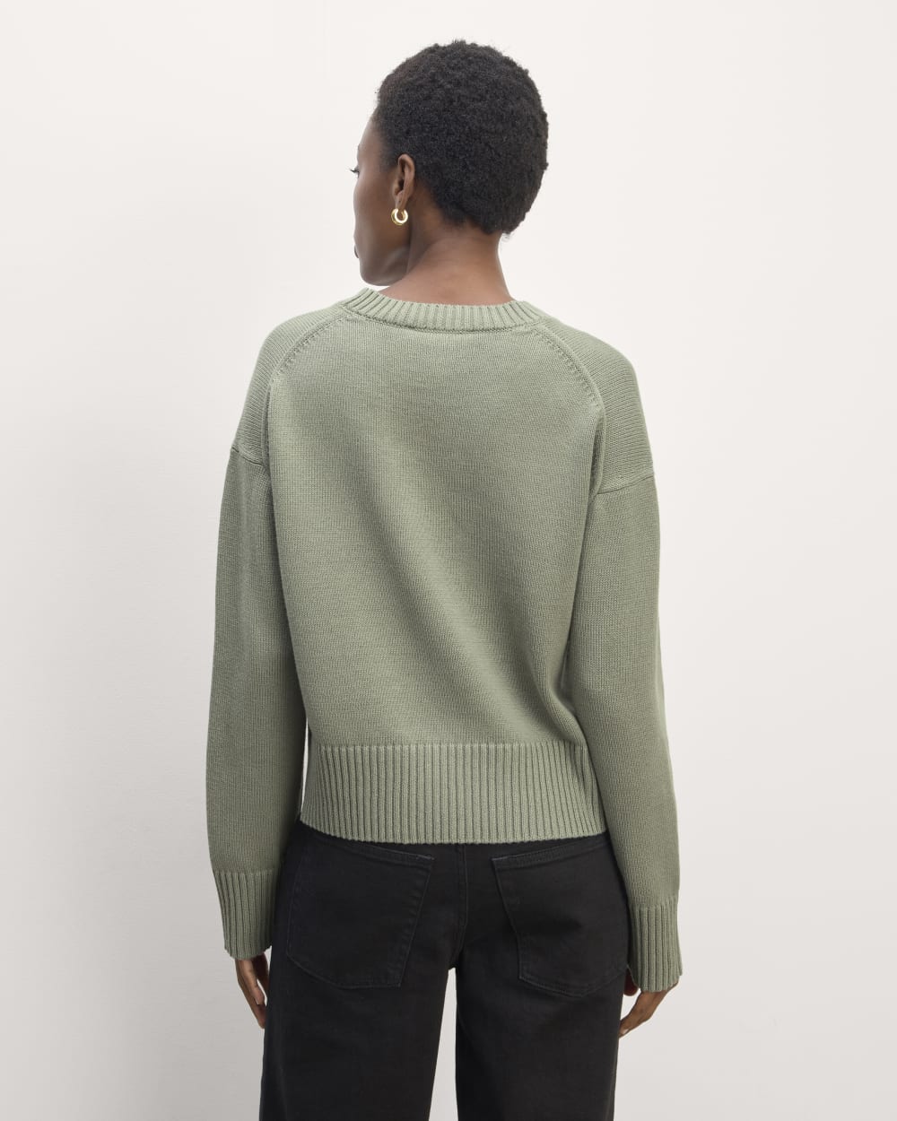 The Boxy Sweater in Everyday Cotton in Sage Green — detail view