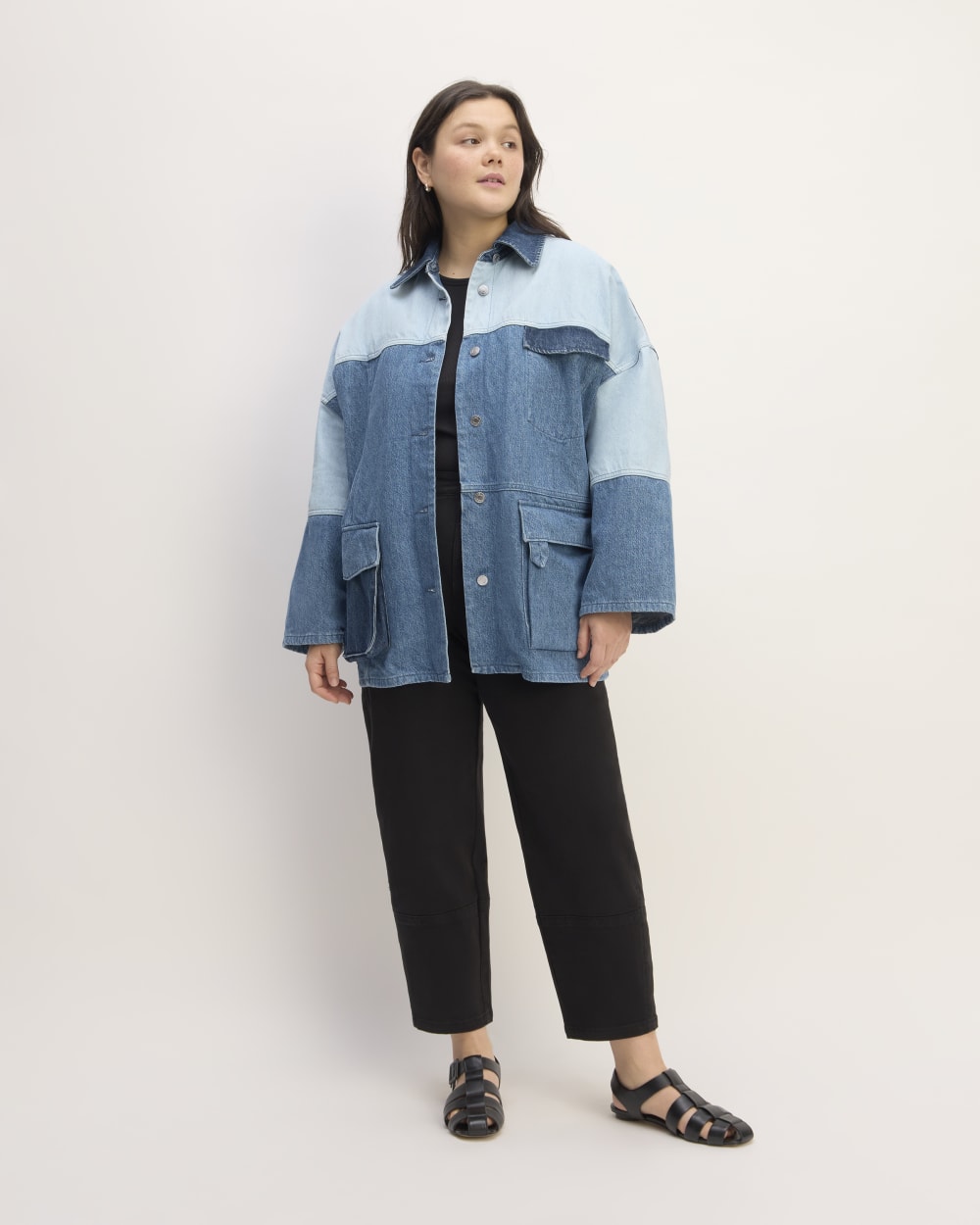 The Everlane x Marques' Almeida Denim Patchwork Jacket in Diamond Blue — detail view