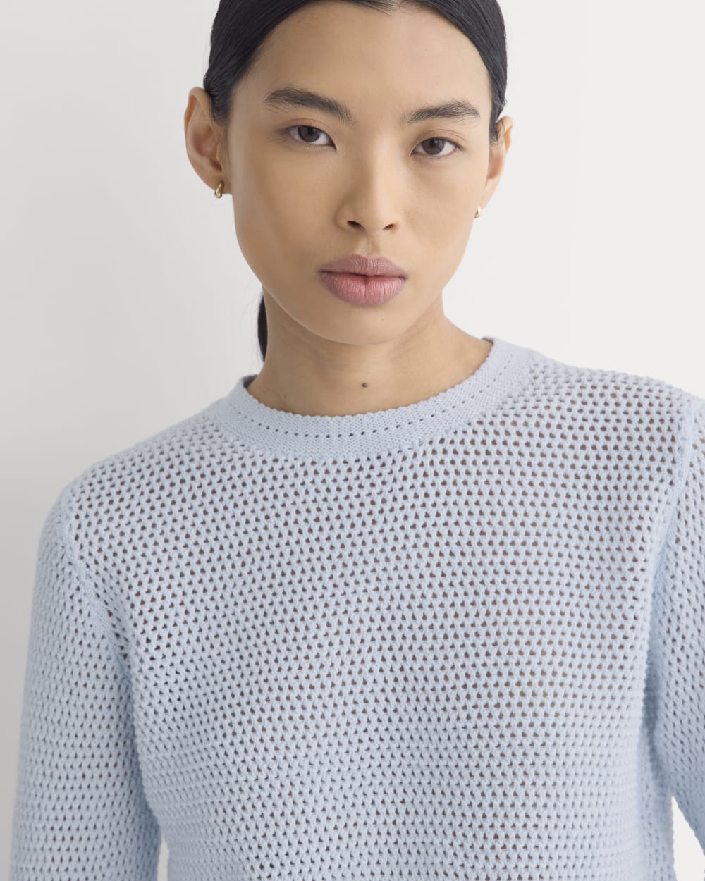 Open Knit Long-Sleeve Crew in Everyday Cotton in Skywriting — detail view
