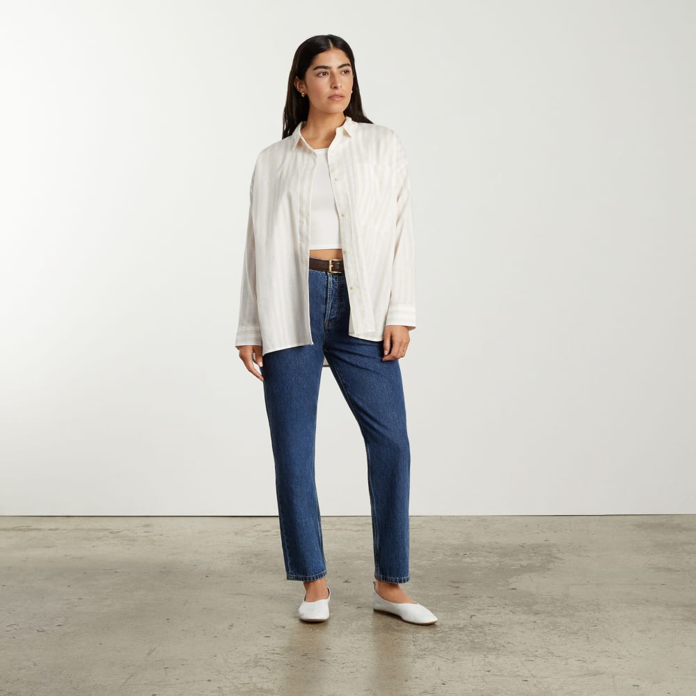 The Oversized Silky Cotton Shirt in Sand / White — detail view