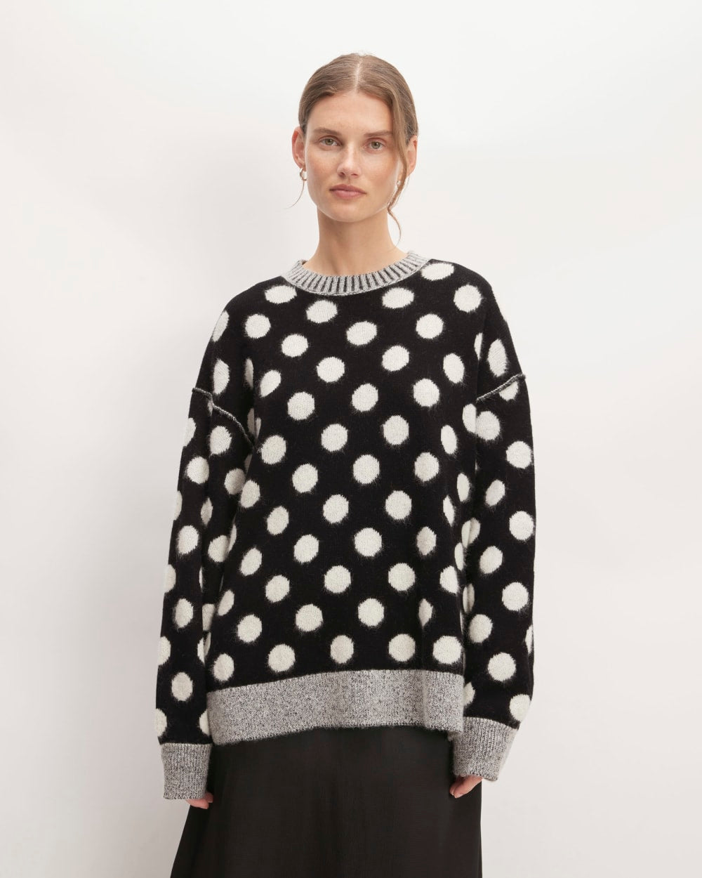 The Alpaca Polka Dot Oversized Crew in Black / Snow Polka Dot — front view
