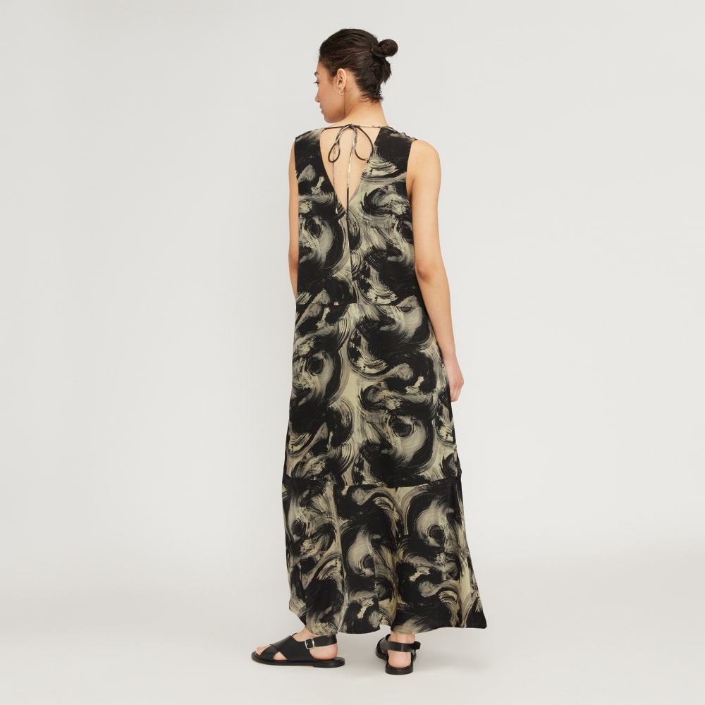 The Satin V-Neck Maxi Dress in Pale Yellow / Black — detail view