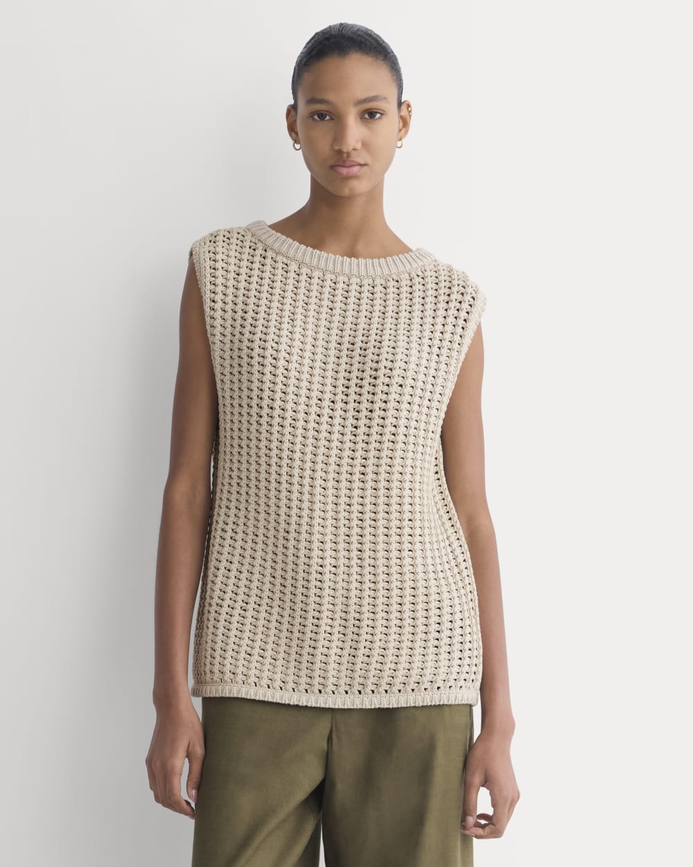 Open-Knit Tunic Vest in Elevated Cotton in Peyote — front view