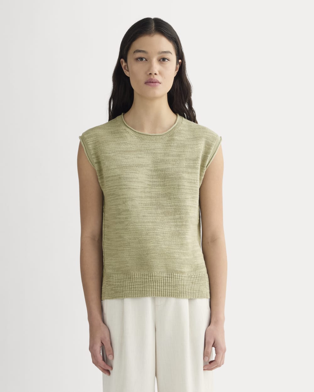 The Muscle Sweater in Cotton Linen in Eucalyptus — front view