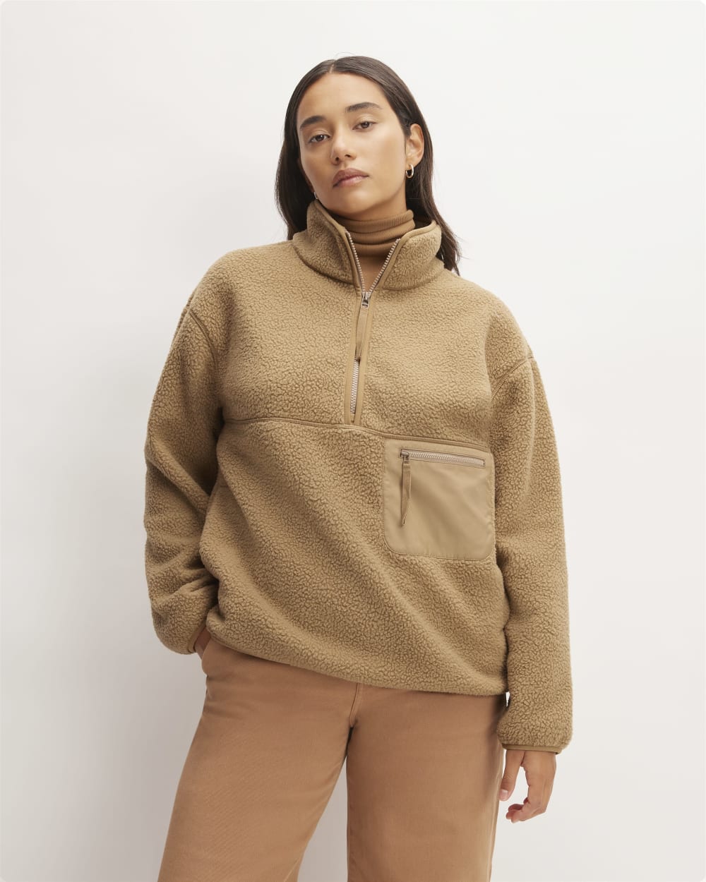 The ReNew Fleece Oversized Half-Zip in Tiger's Eye — front view