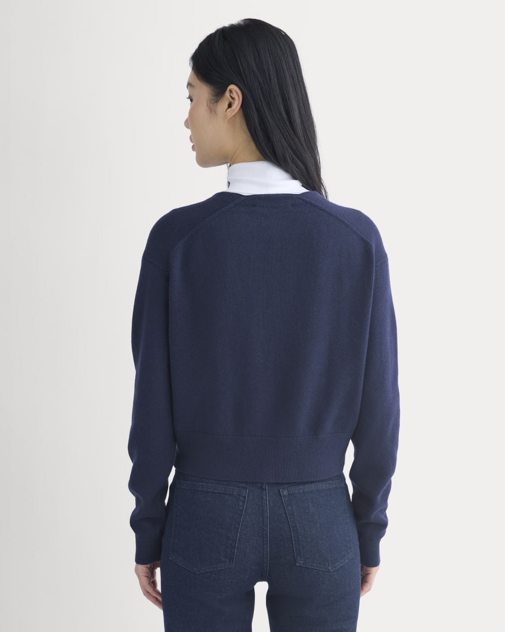 Deep V-Neck Cardigan in Cotton Merino in Navy — detail view