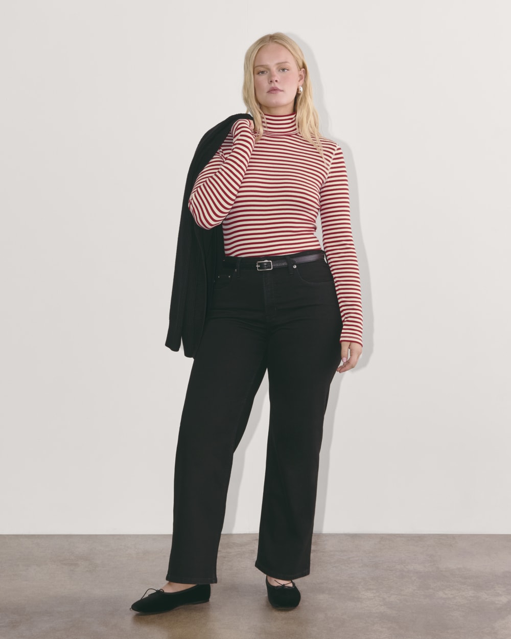 The Luxe Rib Turtleneck in Bone / Berry Red — detail view