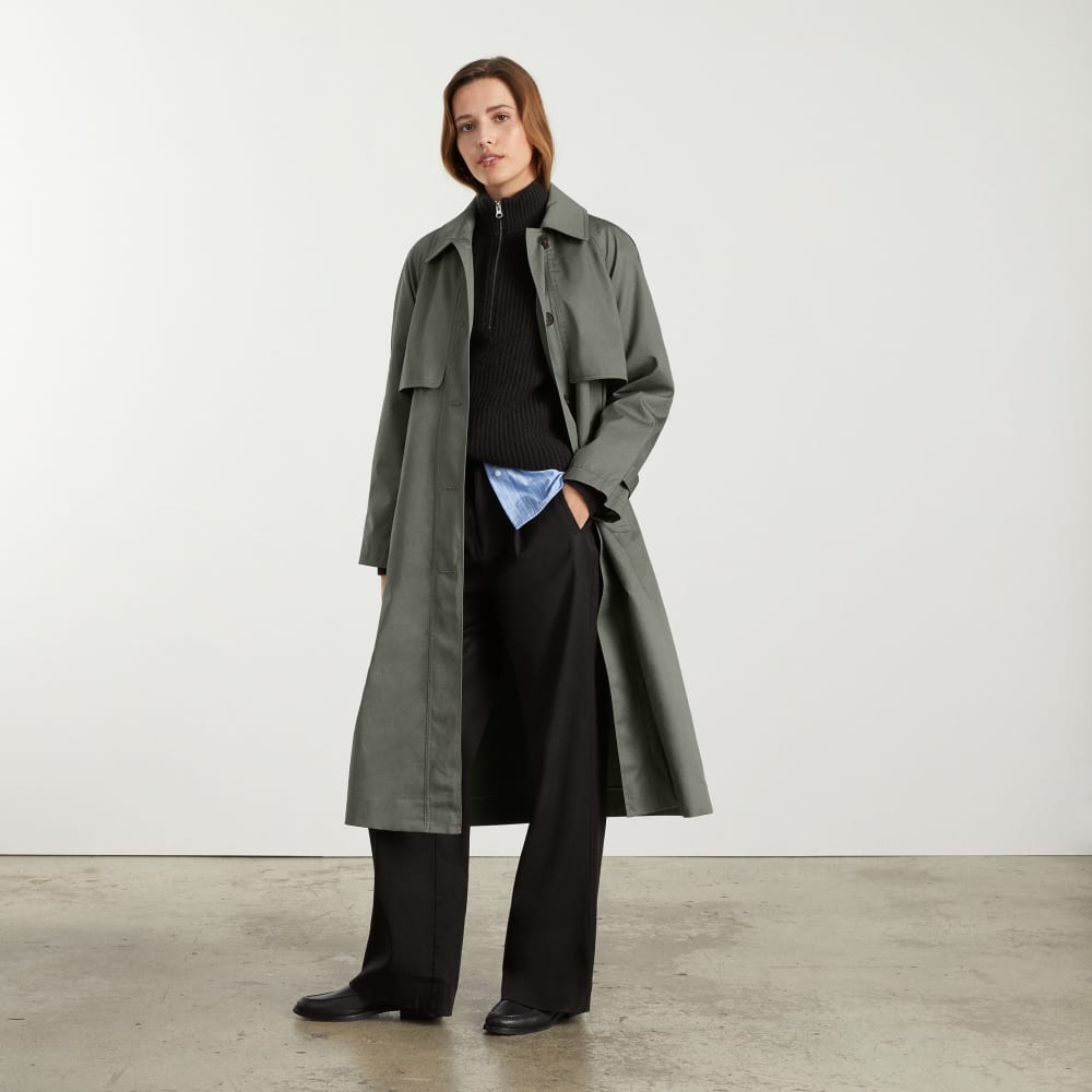 The Long Mac Coat in Pewter Green — detail view