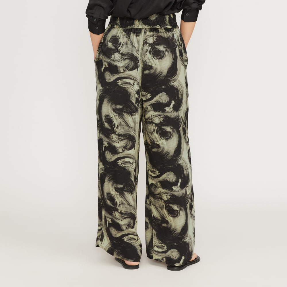 The Satin Pull-On Pant in Pale Yellow / Black — detail view