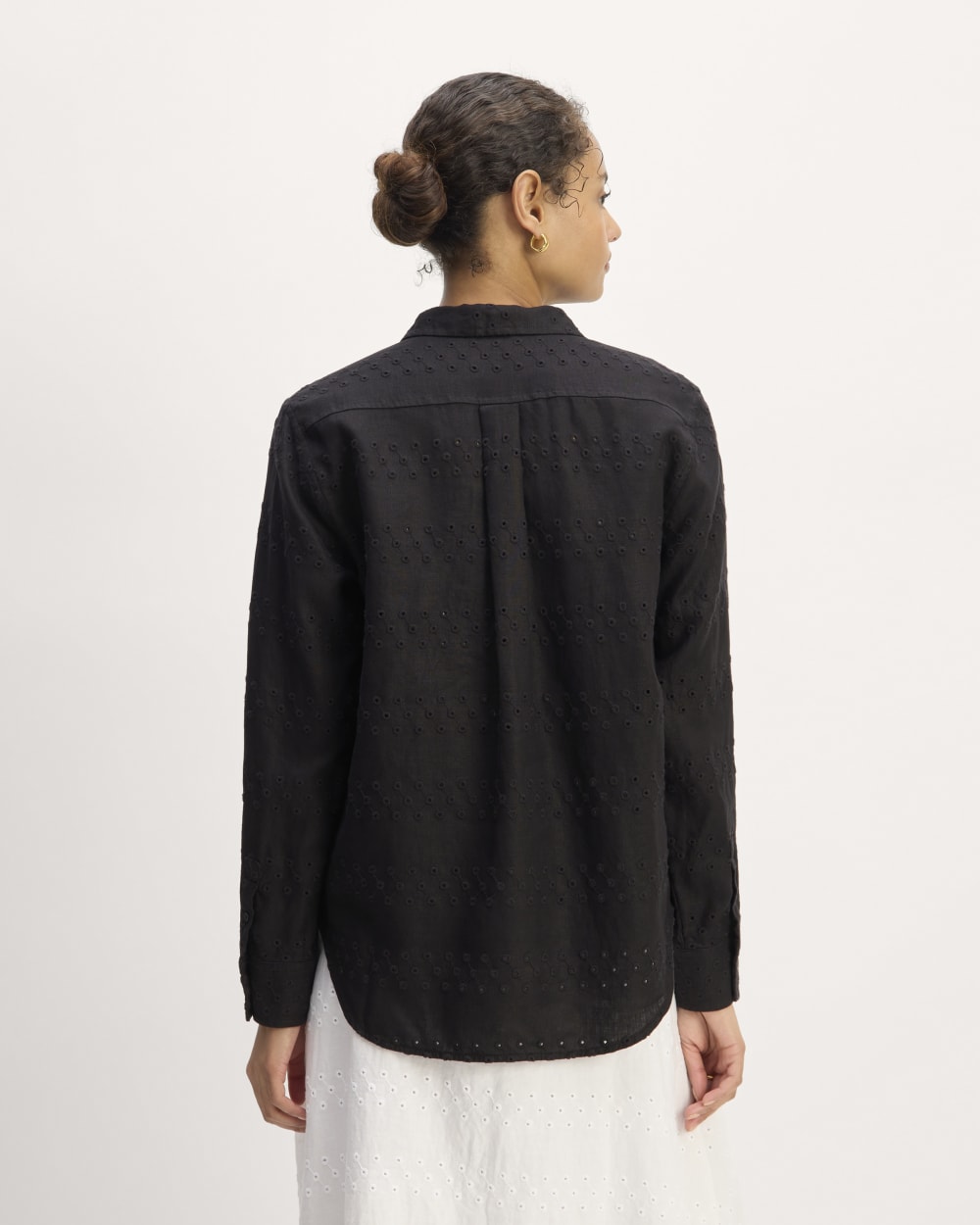 The Linen Eyelet Relaxed Shirt in Black Eyelet — detail view