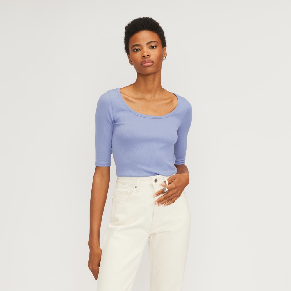 The Luxe Micro-Rib Scoop-Neck Tee in Cornflower Blue — front view