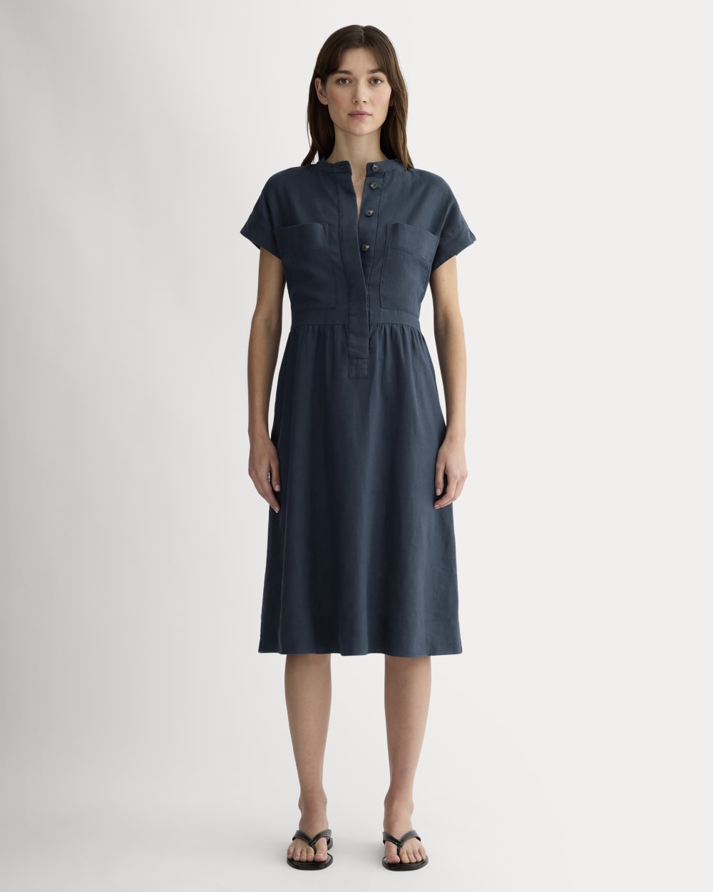 The Craft Dress in Linen in Navy — front view