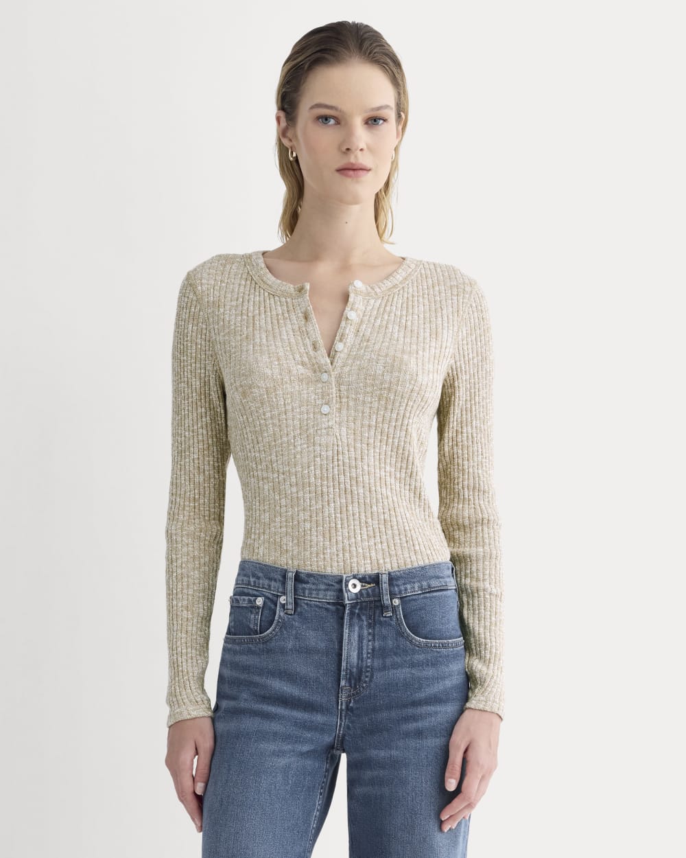 The Cozy Rib Henley in Cornstalk / Bone Twist — front view