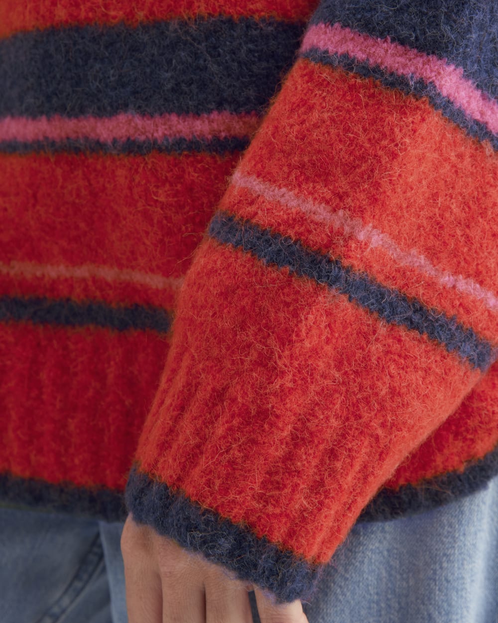 The SuperFuzz Alpaca Crew in Fuchsia Pink / Ocean Cavern / Classic Red — detail view
